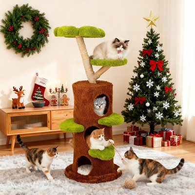 Forest-Style Large Cat Tree Tower Solid Wood Cat Tree Post Multi Cat Condo House