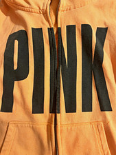 PINK Victoria s Secret Full Zip Fleece Hoodie w/ Pockets Logo Orange M