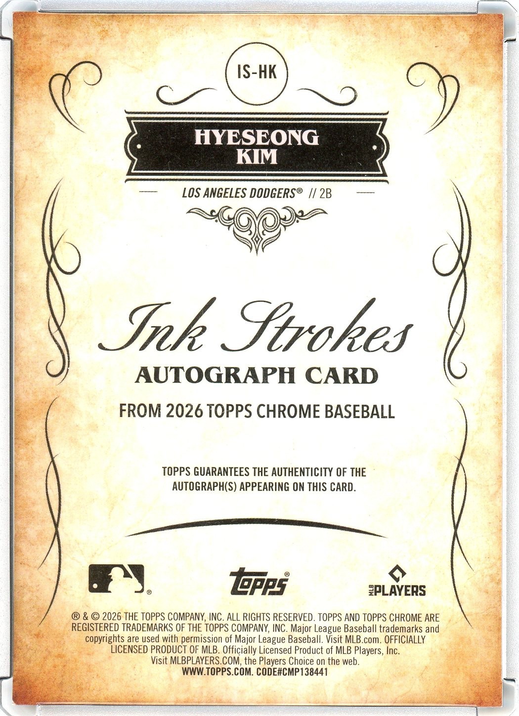 2026 TOPPS CHROME HYESEONG KIM INK STROKES GOLD ON CARD AUTO /50 IS-HK view 2