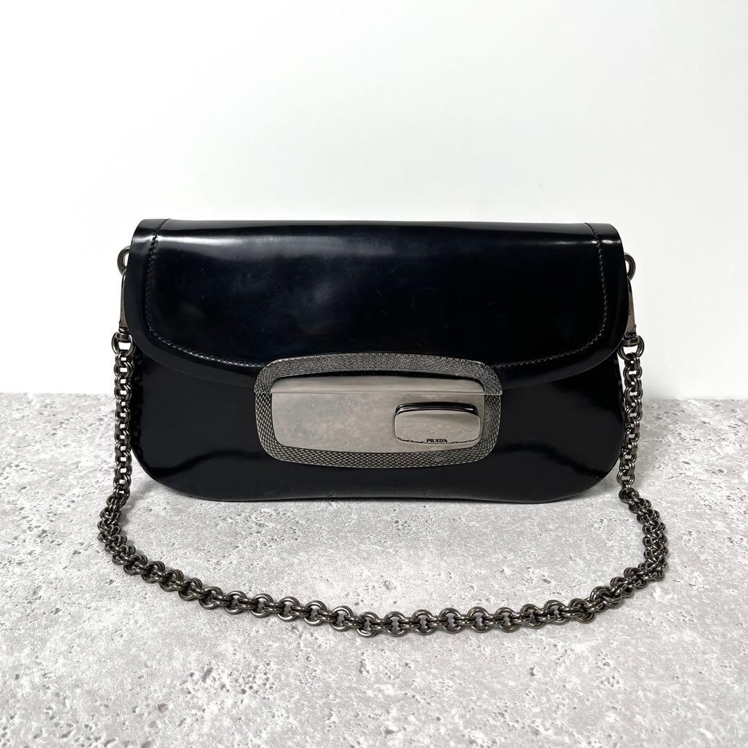 Prada Black Leather Shoulder Bag With Chain Strap Designer Handbag Evening Bag