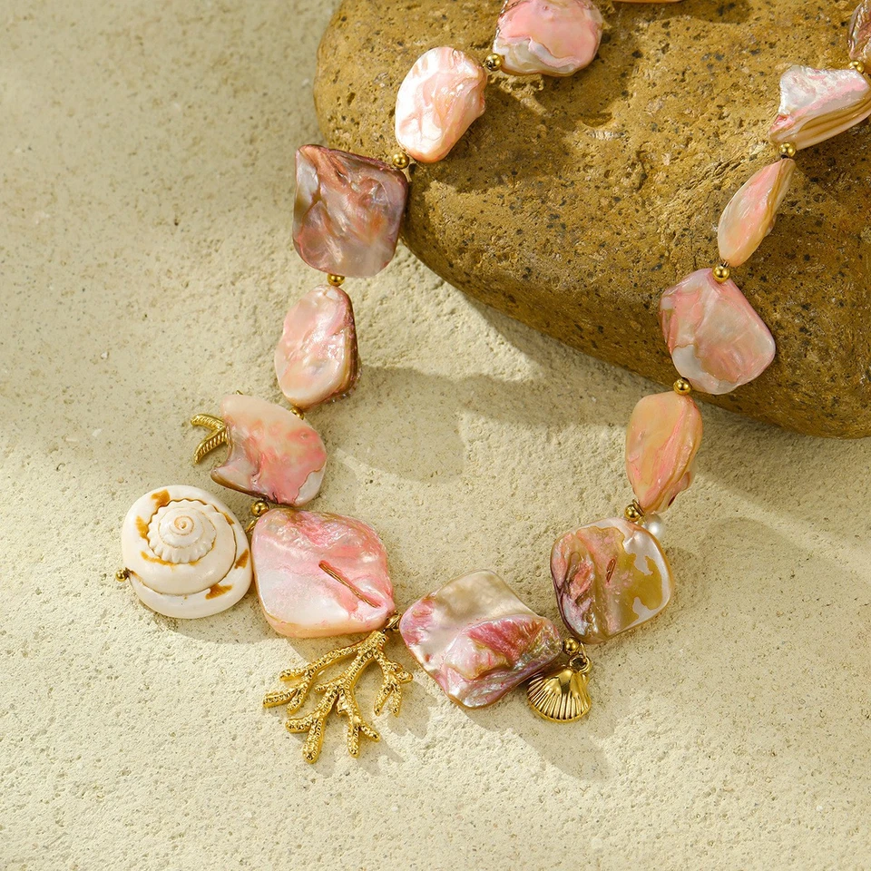 Collar Grueso Rosa Concha Playa Coral Colgante Boho Joyería Regalo para Mujer Foto 3 de 4