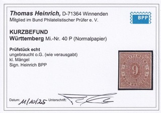 SELTEN! Württemberg Probedruck Mi Nr. 40 P ungebraucht Befund Heinrich (BPP)