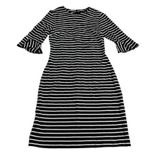 Banana Republic A-Line Dress Women's 10 Black White Stripes Bell 3/4 Sleeves