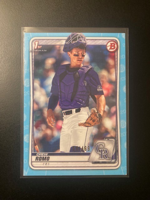 2020 Bowman Draft Drew Romo 1st Sky Blue /499 Rookie RC #BD-106 Colorado Rockies