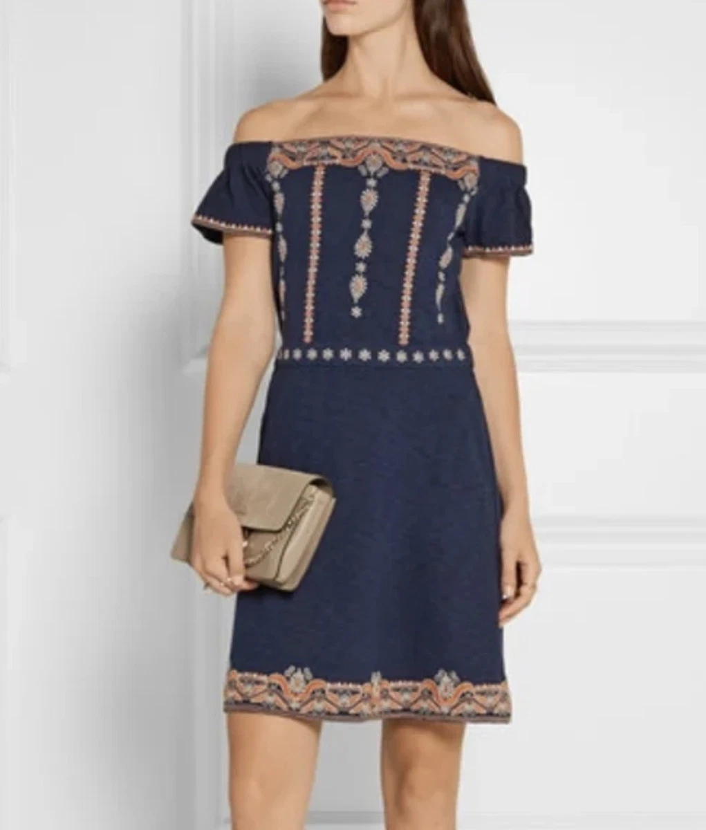 green emerald velvet dress Tory Burch Dress Cameron Navy Embroidered Lace Size 6 Scalloped-Hem Sh –  Celebrity Owned main image 1