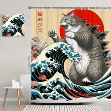 Funny Japanese Cat Shower Curtain, Vintage Cat Art Japan Anime Sunset Wave Water