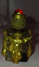 Vintage French Miniature Overlay Cherubs Glass Perfume Bottle Red  Inset Jewel