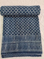 Indian Quilt King Size Cotton Kantha Throw Block Print Handmade Bedspread Blue