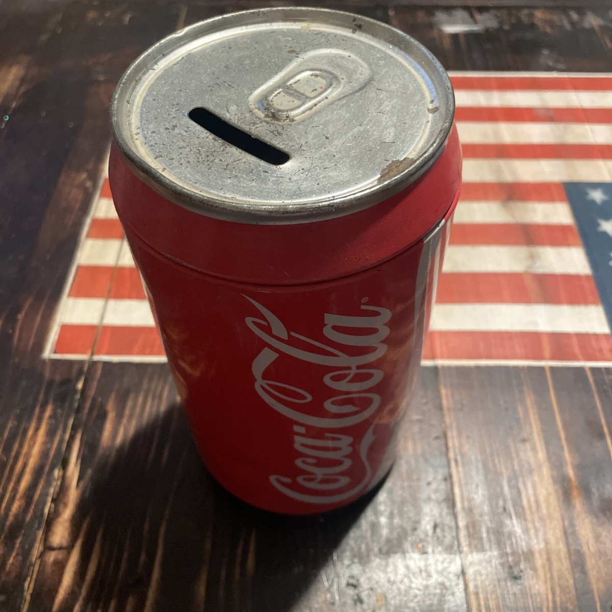 Vintage Coca Cola Classic 8” Large Tin Can Coin Piggy Bank With Slot Very Used