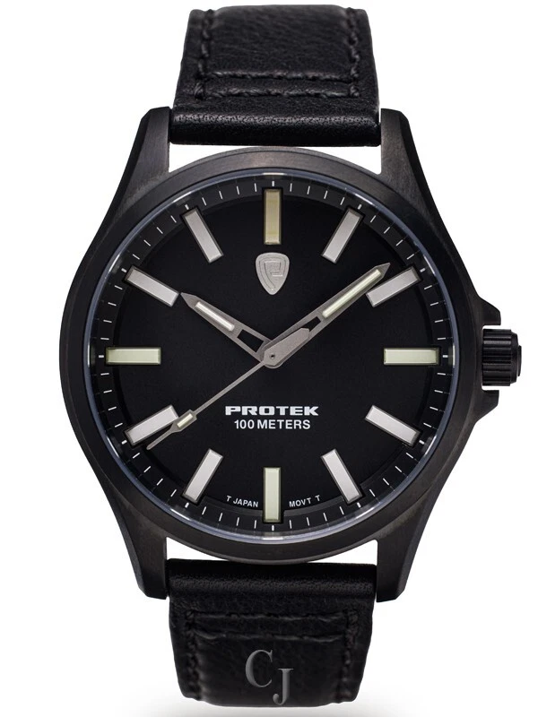 PROTEK FEILD SERIES 3002 BLACK DIAL W BLACK LEATHER STRAP WATCH PT3002