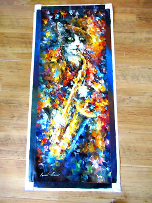 LEONID AFREMOV: ORIGINALES ÖLGEMÄLDE ''SAXOPHON CAT'' 40x100cm MIT ZERTIFIKAT