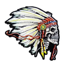 INDIAN CHIEF Death Skull 5.75" x 4" iron on patch Biker Native American (M9)