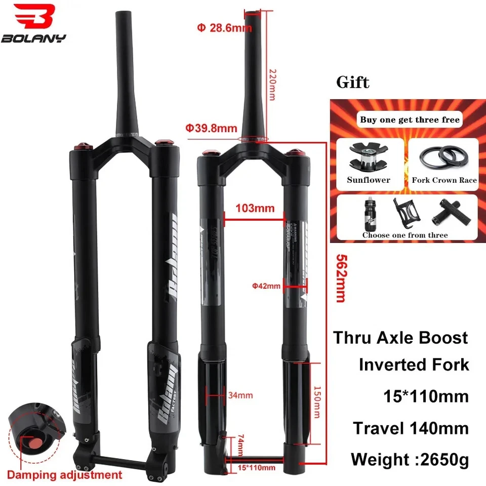 MTB Inverted Air Suspension Fork 140mm Travel 26/27.5/29 Inch Tapered Tube - Image 2 of 4