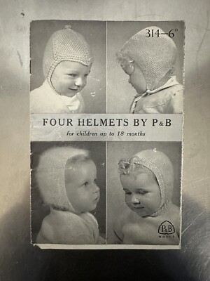 Vintage P&B Wools Baby Strickmuster vier Mützen/Helme Hauben
