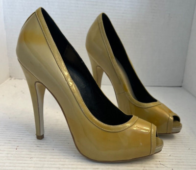 Katheryn Amberleigh Women 7.5 38 Pumps Shoes Green Patent Leather Heel 4.75 peep