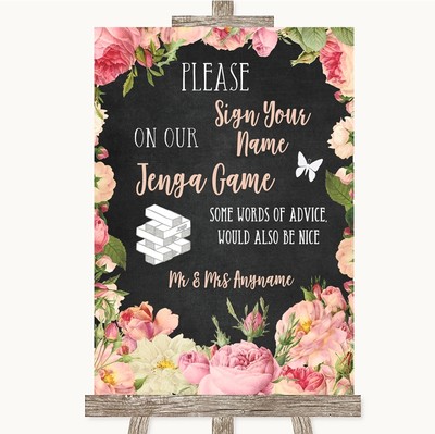 Tafel Stil rosa Rosen Jenga Gästebuch personalisiert Hochzeit Schild