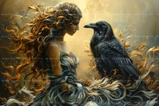MORRIGAN AND RAVEN ART PRINT, Witchy Gothic Poster, Wall Decor Crow Pagan D296
