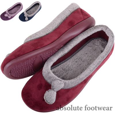 Damen Frauen weiche Velours Slipper Manschette Bommel Design Indoor Hausschuhe