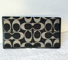 Coach Signature Logo Checkbook Cover Case Holder Black/ Gray w Pen Holder Nice!