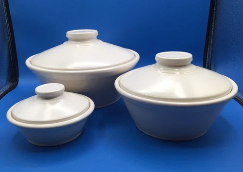 Vtg La Solana Ware White Pottery Covered Casserole Dishes 3, 2, 1/2qt UFO Shape