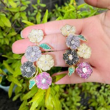 Exquisite Gold Plated Flower Drop Earrings Cubic Zirconia Wedding Women Jewelry