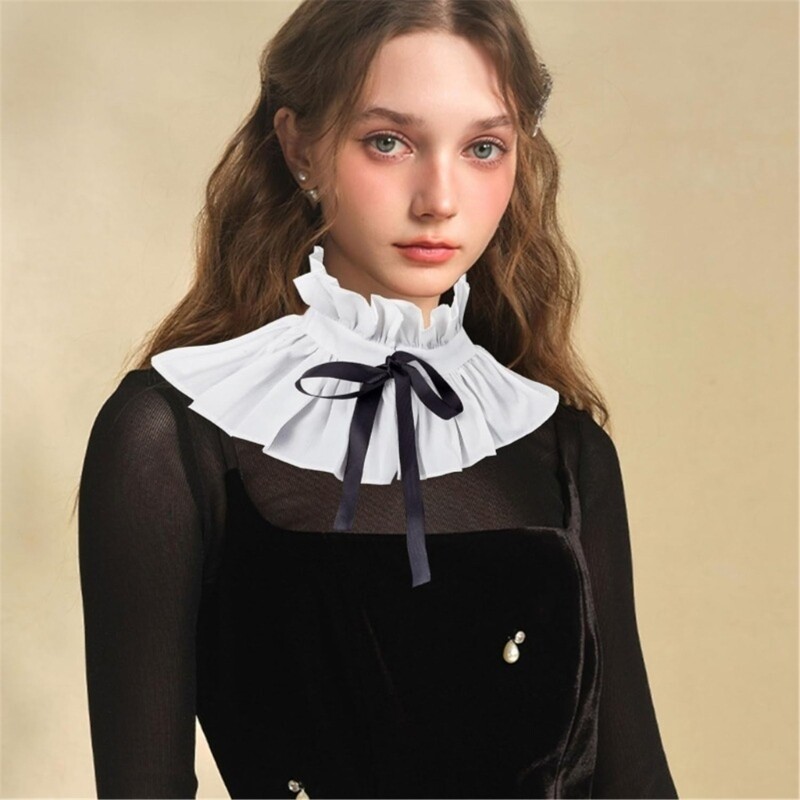 Women Victorian Ruffle Stand False Collar Vintage Ribbon Tie