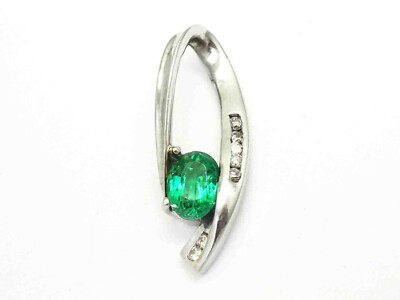 Natural Oval Emerald & Diamond Accent Open Loop Slide Pendant 14k White Gold
