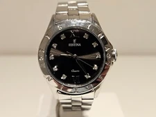 RETRO BEAUTIFUL LUXURY STAINLESS STEEL LADIES QUARTZ WATCH "FESTINA" WITH STONES