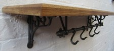 SOLID OAK WOODEN SHELF RUSTIC CAST IRON BRACKETS & KITCHEN POT PAN HOOKS RAIL 