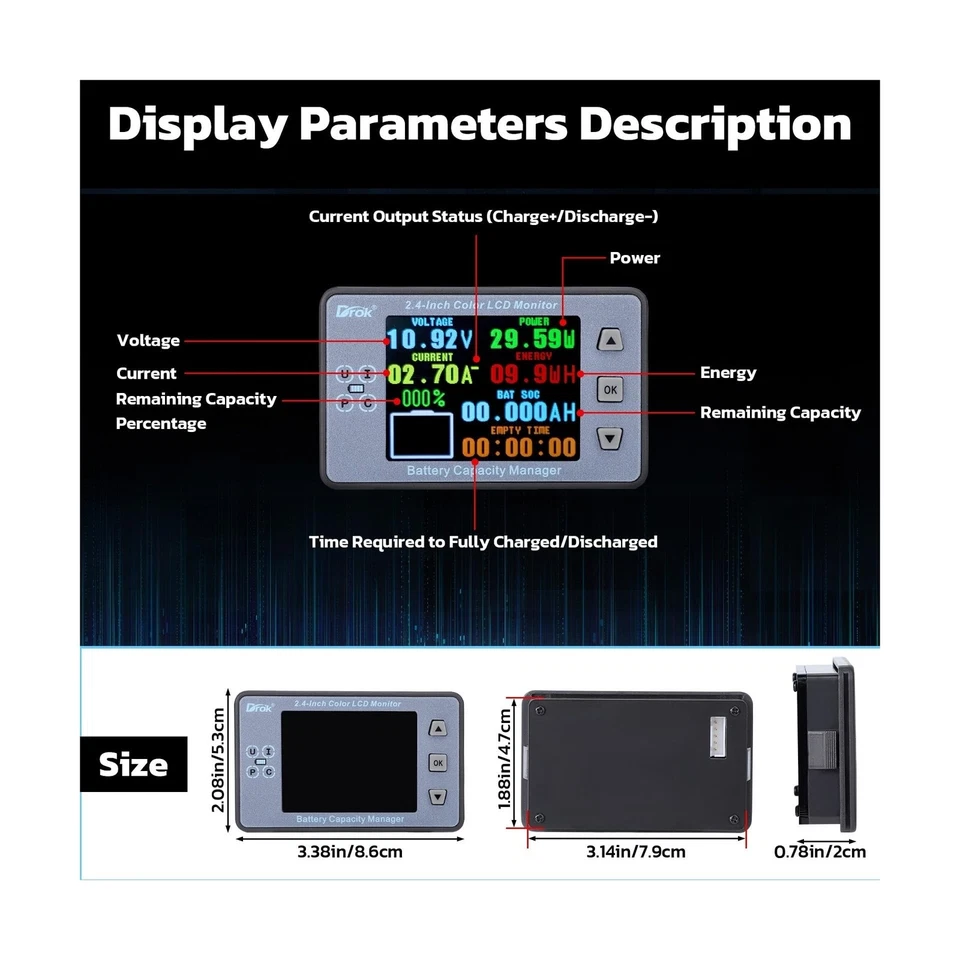 Multímetro Digital DROK, DC 8-100V 100A Batería Monitor 12V 24V 36V 48V 60V V... Foto 4 de 4