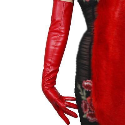 Red Long Leather Gloves 24'' Women Faux Leather Opera Gloves Fancy Arm Length ...