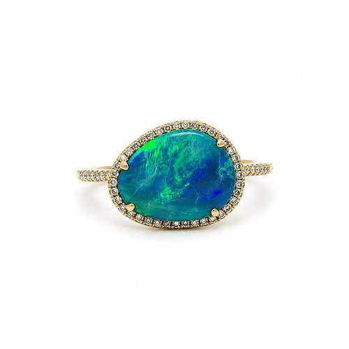 14k Yellow Gold Free Form Boulder Opal Framed In Diamonds Dainty Ring