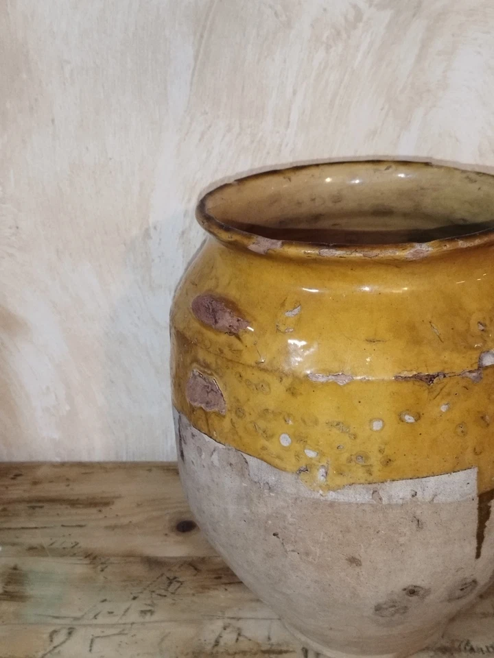 Ancien pot a confit terre cuite émaillé jaune Sud Ouest 19 ème - Photo 3/4