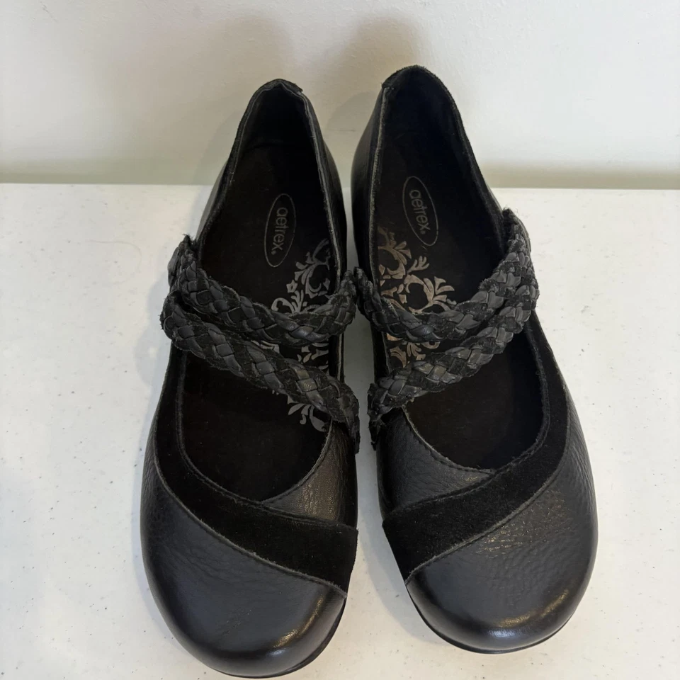 Zapatos Aetrex para mujer talla 7 negros Mary Jane correa trenzada cuero superior EF450W Foto 2 de 4