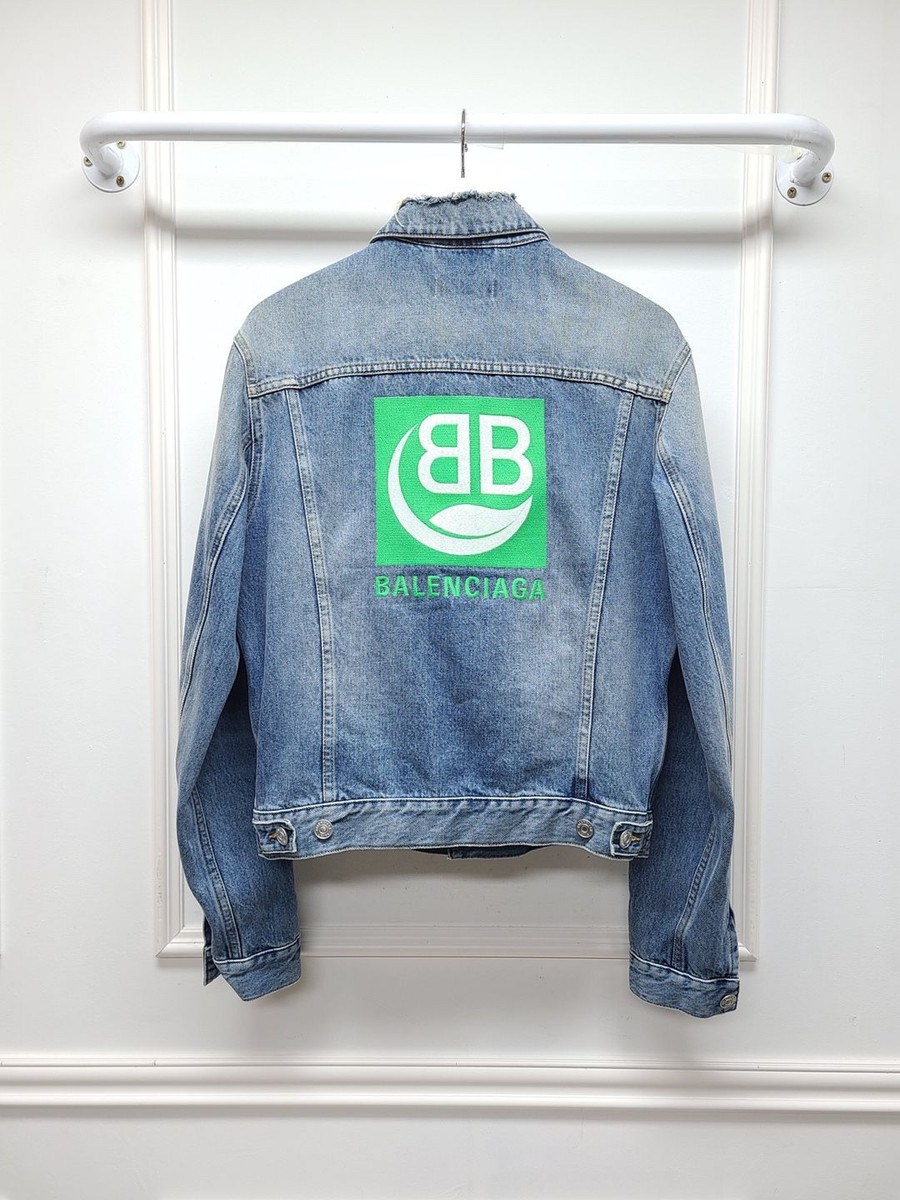 Balenciaga Washed Denim Jacket in Blue Green with BB Logo 46 Balenciaga Washed Denim Jacket in Blue Green with BB Logo 46