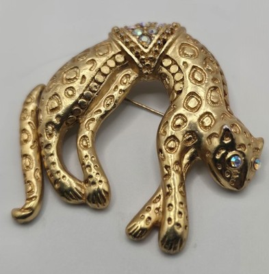 Vintage Florenza Cheetah 2'' Brooch Green Rhinestone Eyes Articulated Tail