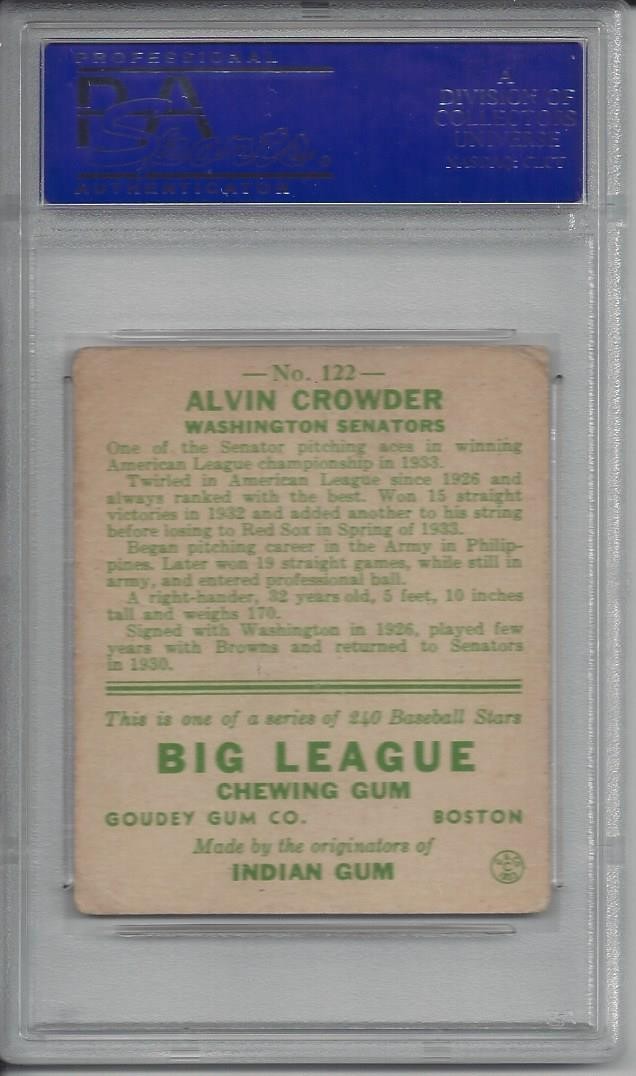 1933 Goudey #122 Alvin Crowder - PSA 2 view 2