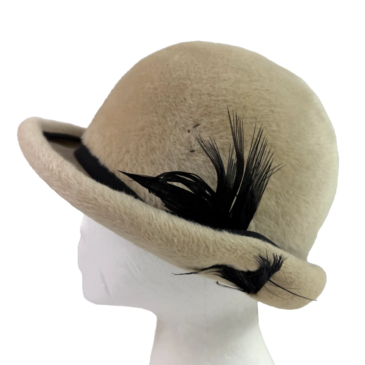 Vintage Cloche Wool Felt Bowler Derby Hat Floral Feather Mod 1960s 1970s Retro Feather Cloche Vintage Hats for Women for sale | eBay main image 3