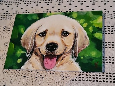 Oil Painting Dog Cute Puppy Pet Animal Portrait Signed 9''x6'' Yellow LAB LABRADOR