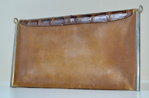 Vintage Genuine Crocodile Leather Clutch Purse 1940s Brown Exotic Skin Frame Bag - Picture 5 of 12