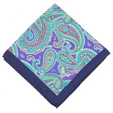 Battisti Napoli Purple-Aqua Intricate Paisley Print Silk Pocket Square New