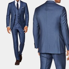 Men Blue Suit Notch Lapel Jacket Single Breasted Business Classic Formal
