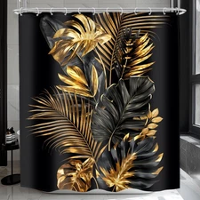 Black and Gold Palm Leaf Shower Curtain 60Wx72H Tropical Golden Banana Leaves...