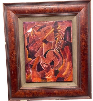 abstract painting wood frame red sun 19x22'' wire hanger READ