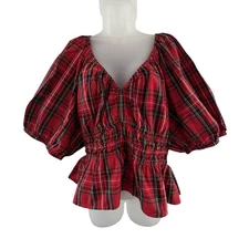 Old Navy Top Womens 2XL Red Tartan Plaid Puff Smocked Peplum Blouse Holiday Cute