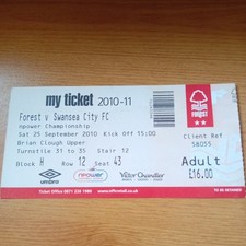 Ticket : 2010/2011 25/9/2010 Championship Nottingham Forest v Swansea City