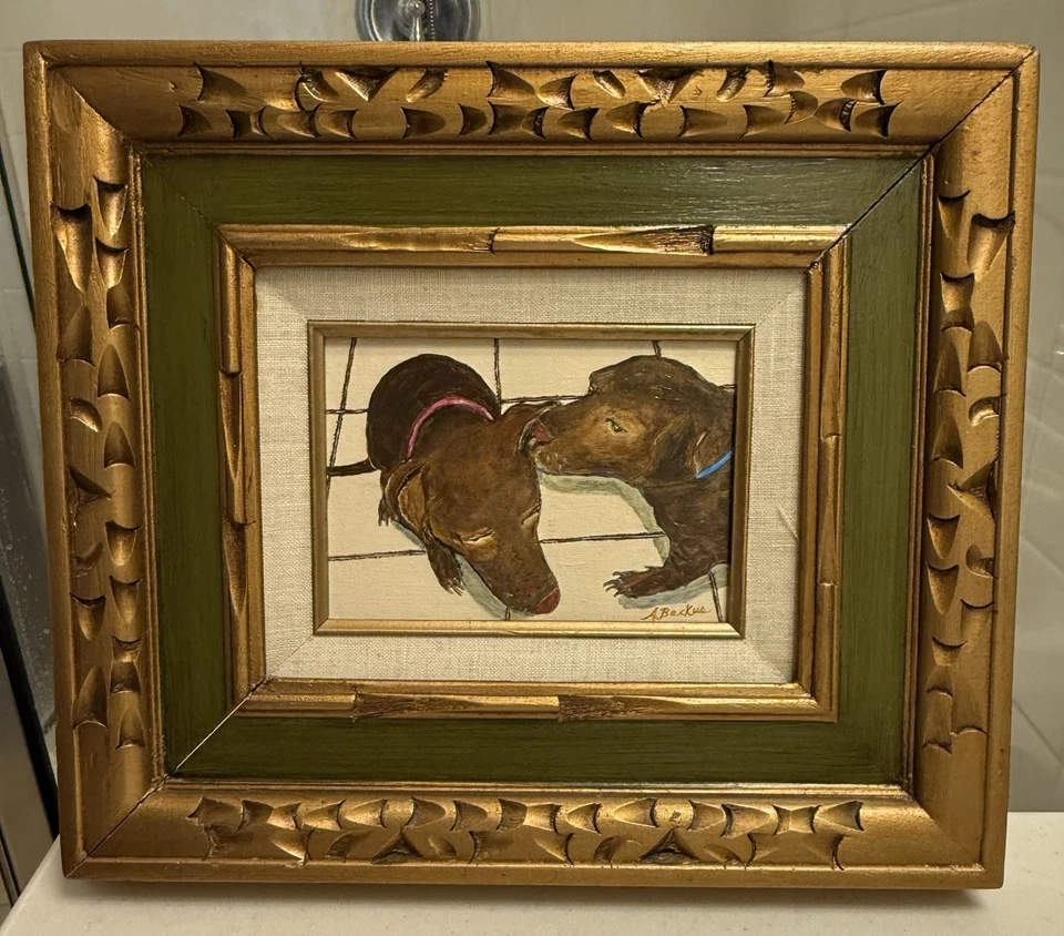 Par de Dachshunds Pintura En Marco De Madera A. Backus Artista Usado En Excelente Condición Foto 2 de 4