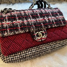 Chanel tweed red and black two flap bag EUC