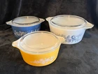 Vtg. Pyrex Nesting Casserole Dishes w/Lids 6pc. Set 2 Patterns 472B, 473B, 474B
