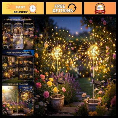 Solar Powered Firework Lights 2 Pack, 120 LED Starburst Garden Decor, Waterproof